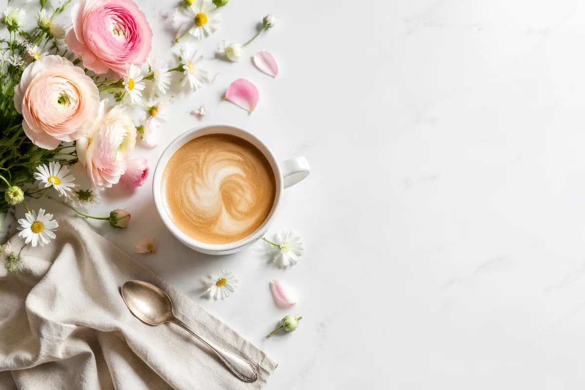 Flat Lay Latte and Spring Flowers
