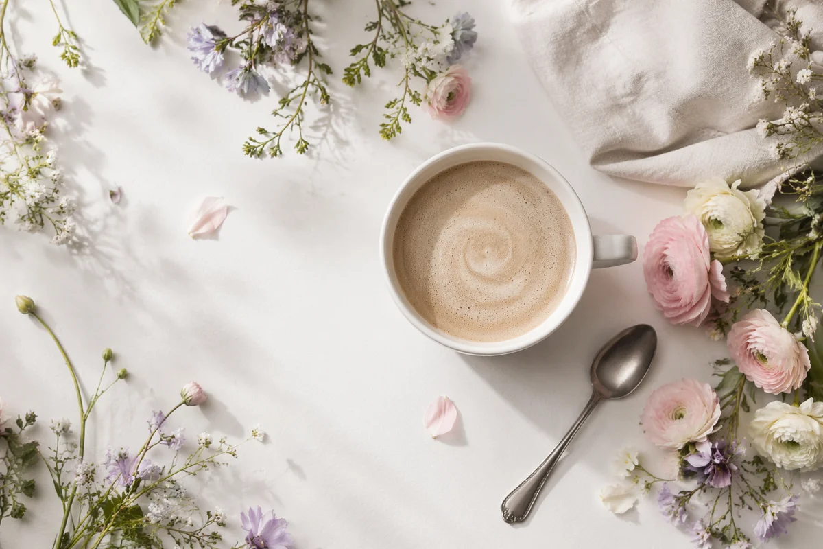 Flat Lay Latte with Spring Flowers