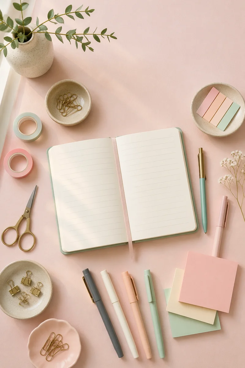 Pastel Flat Lay Stationery Workspace Composition