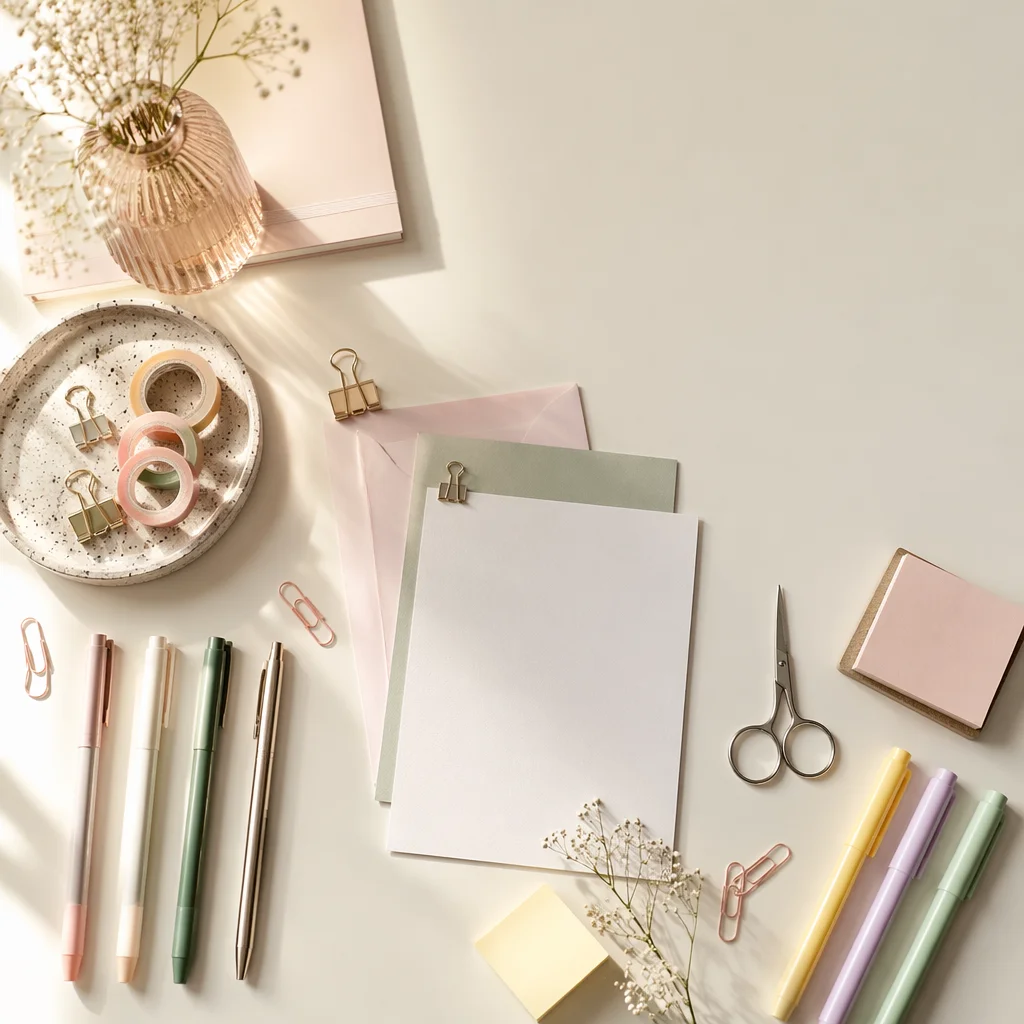 Pastel Flat Lay Creative Stationery Workspace
