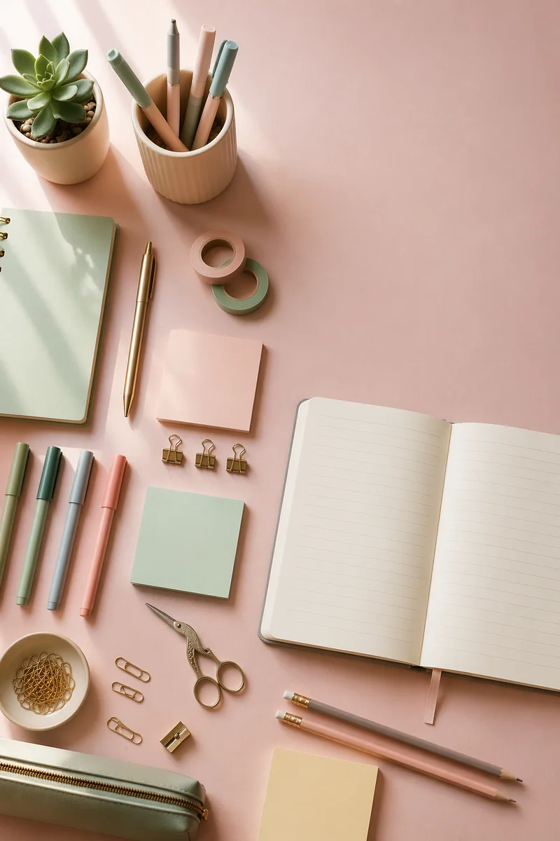 Pastel Flat Lay Stationery Workspace Scene
