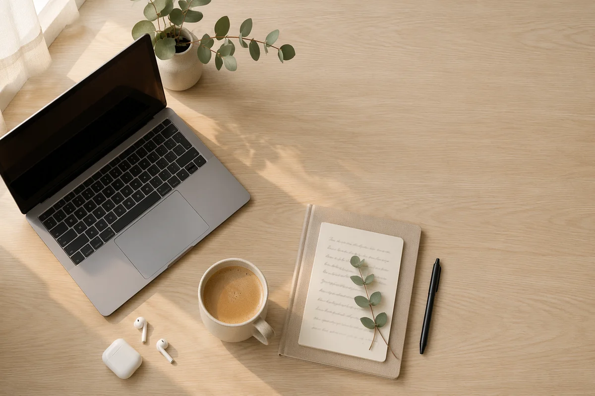 Calm Flat Lay Workspace with Coffee