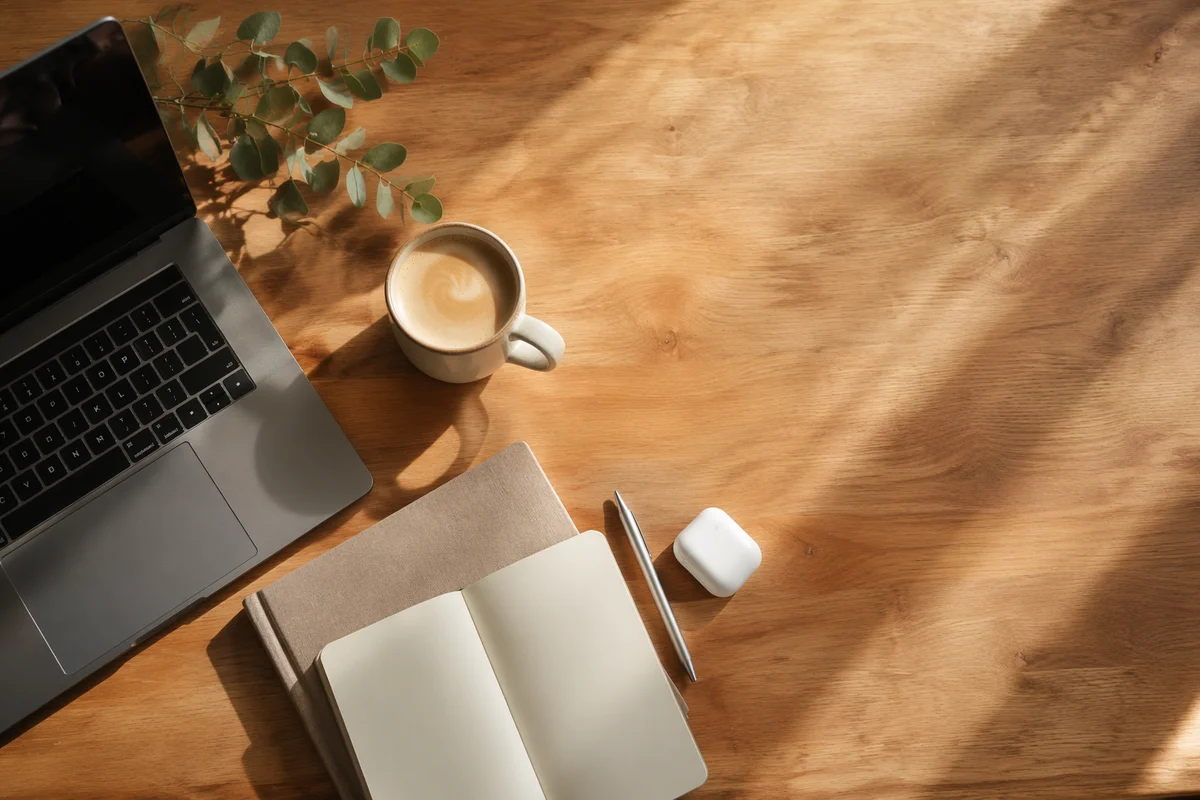 Cozy Flat Lay Workspace with Coffee