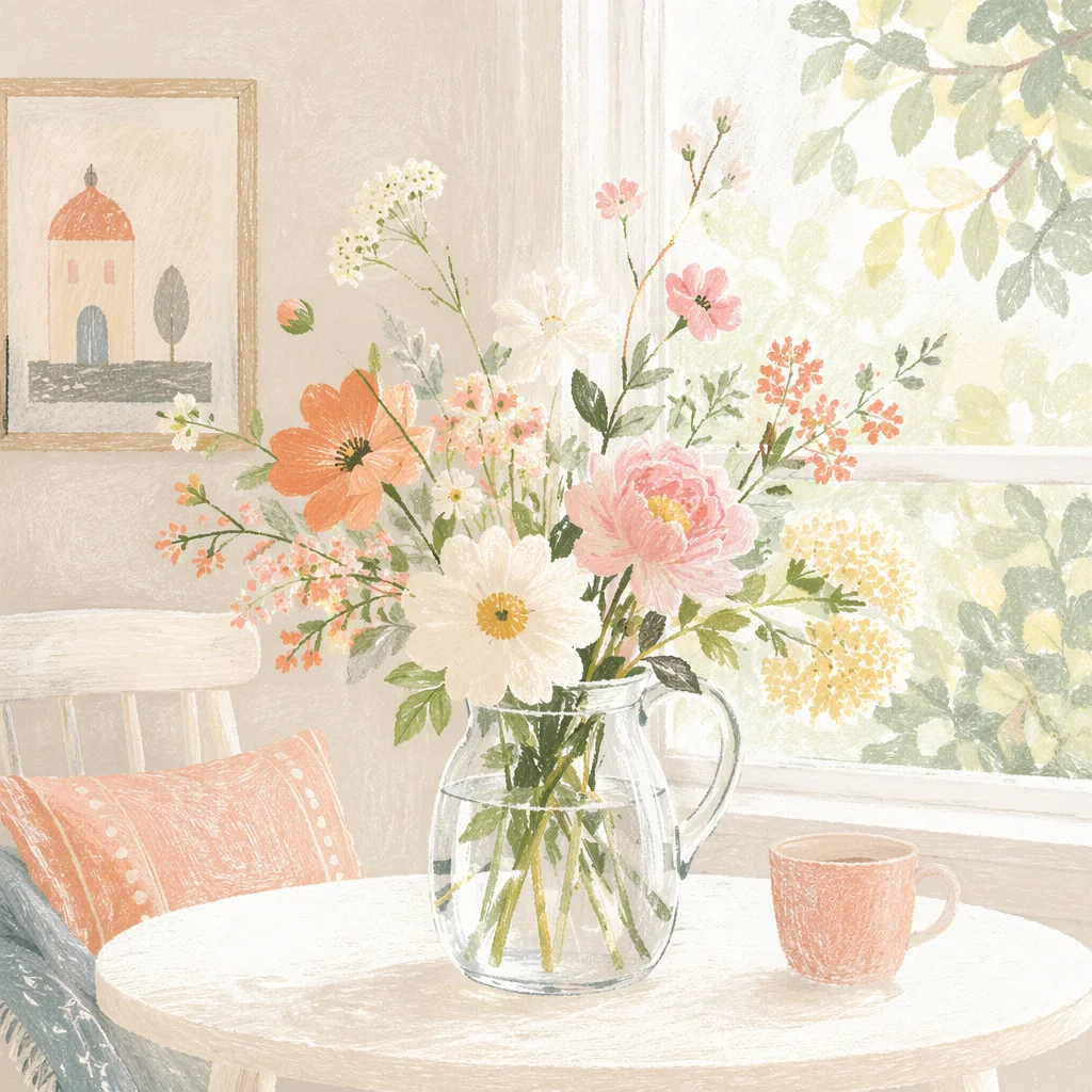 Fresh Pastel Flowers on White Table