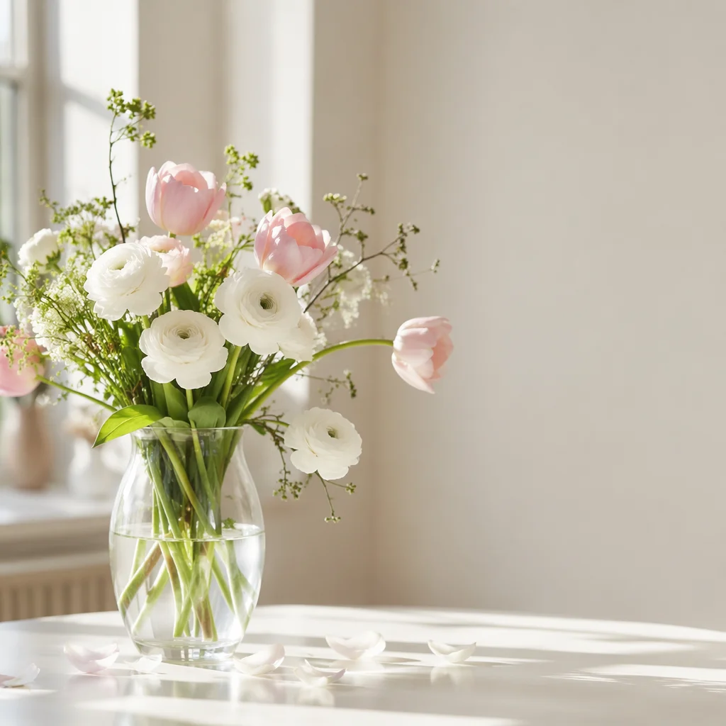 Fresh Spring Flowers on White Table