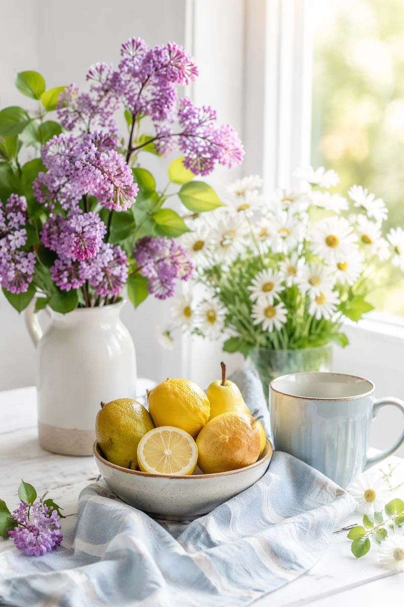 Bright Spring Flowers and Citrus Table