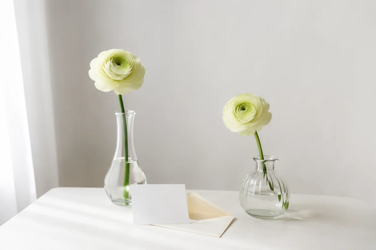Fresh Ranunculus Vases on White Table