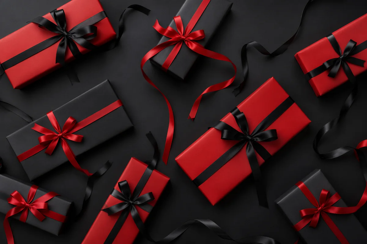 Elegant Crimson Gift Boxes on Charcoal Background