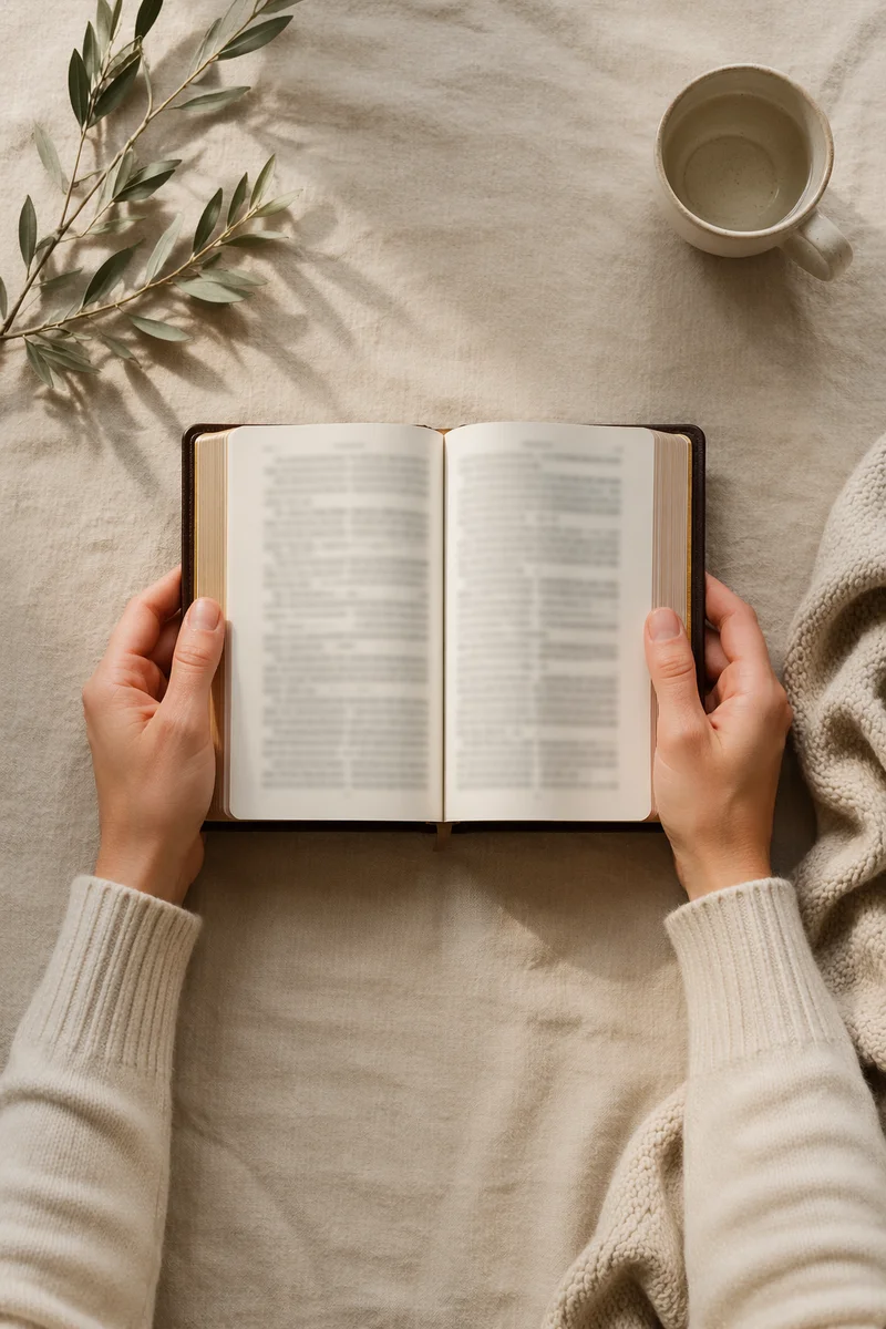 Open Bible Held Over Linen Flat Lay