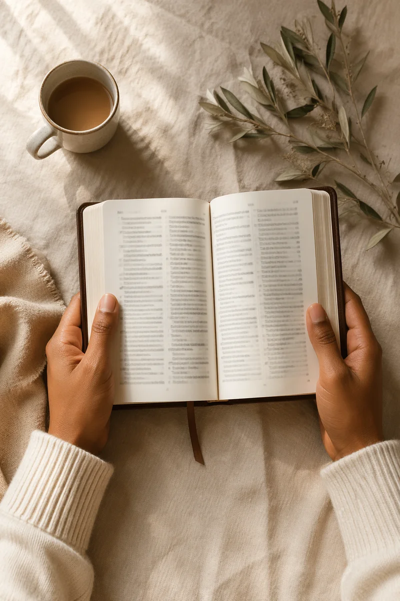 Overhead Hands Holding Open Bible Flat Lay