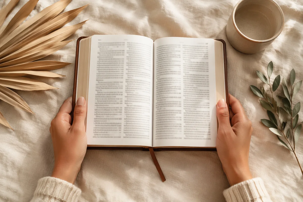 Hands Holding Open Bible Flat Lay
