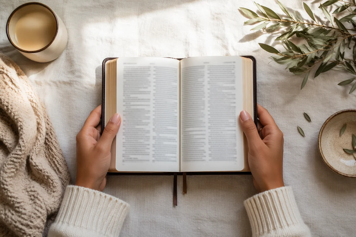 Hands Holding Open Bible Flat Lay