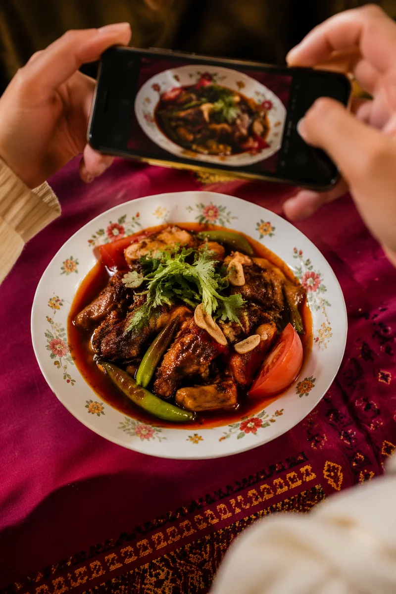 Hands Photographing Spicy Dish for Social Sharing