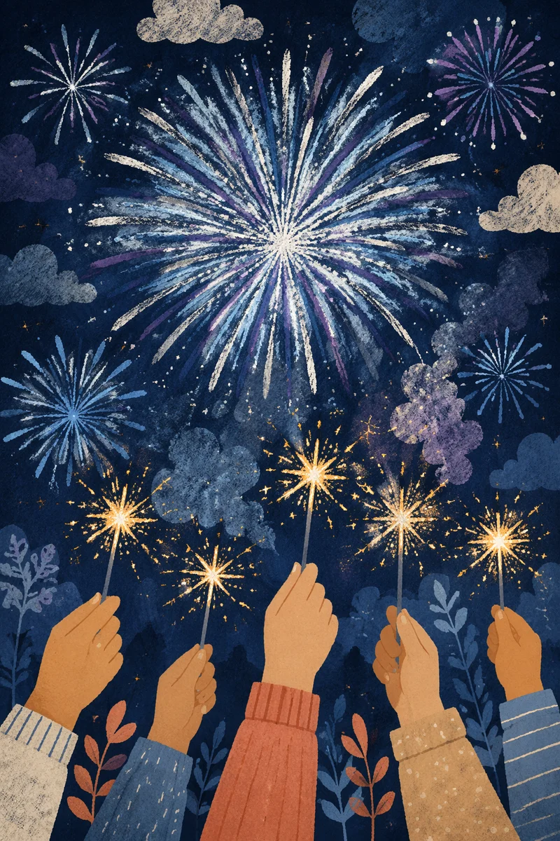 Hands Holding Sparklers Under Night Fireworks