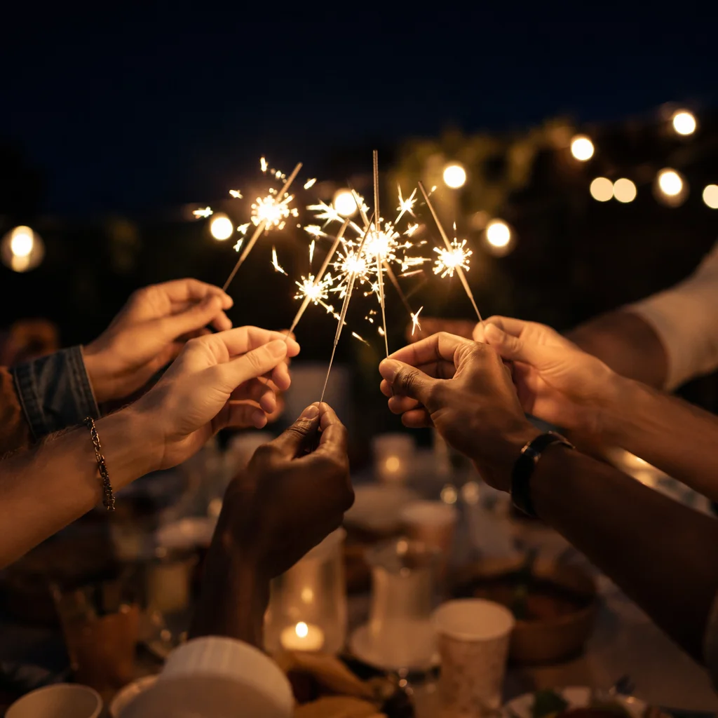 Joyful Hands Holding Sparklers at Night