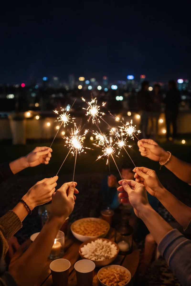 Hands Holding Sparklers on Rooftop Night