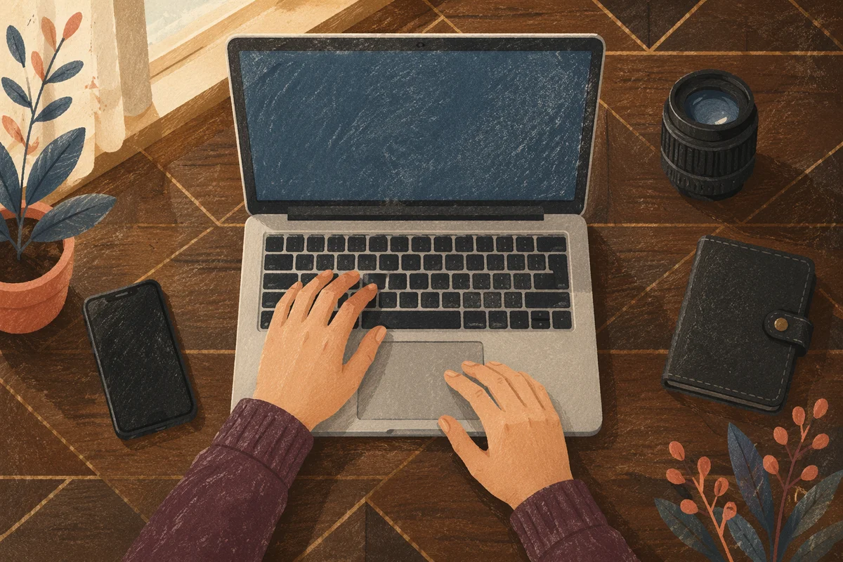 Blogger Hands Typing on Laptop Workspace