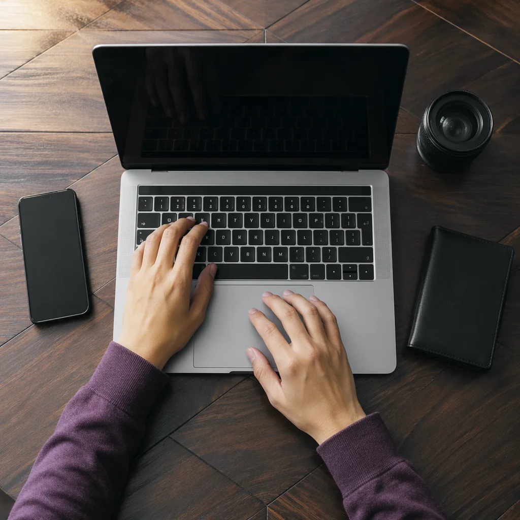 Blogger Hands Typing on Laptop Workspace