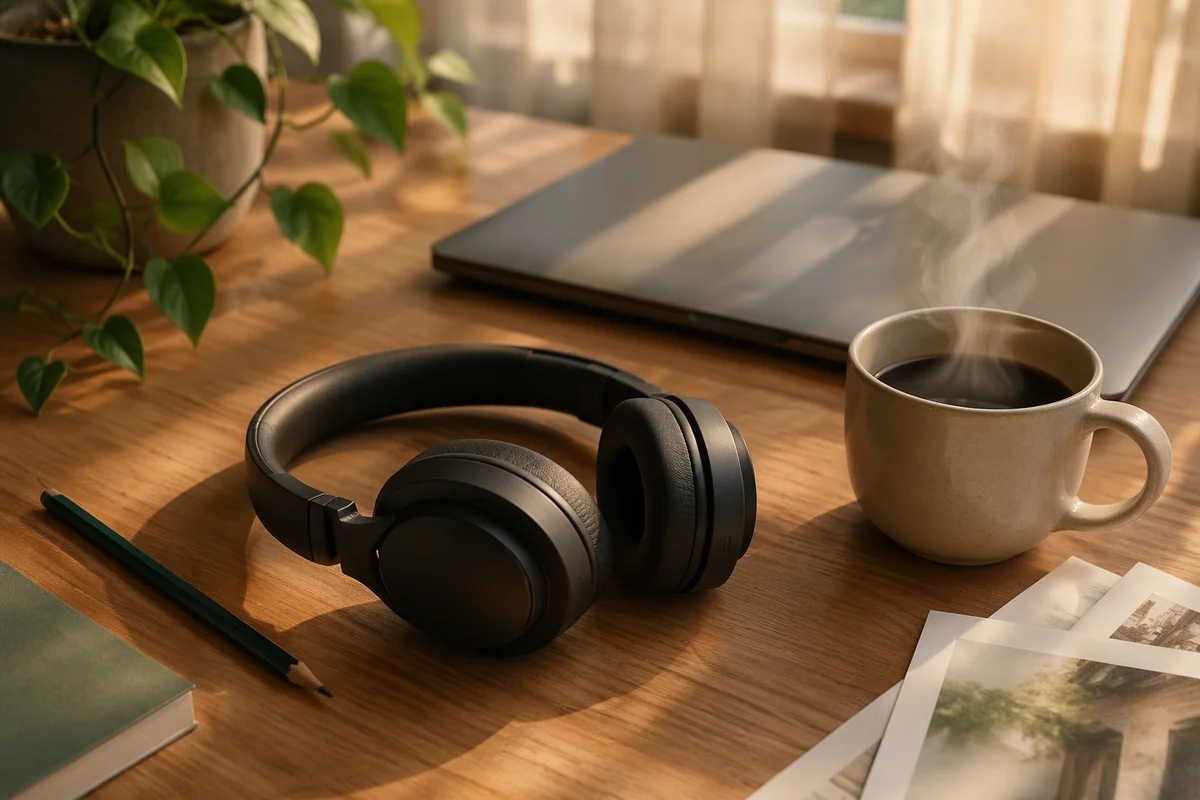 Cozy Headphones and Coffee Workspace Scene