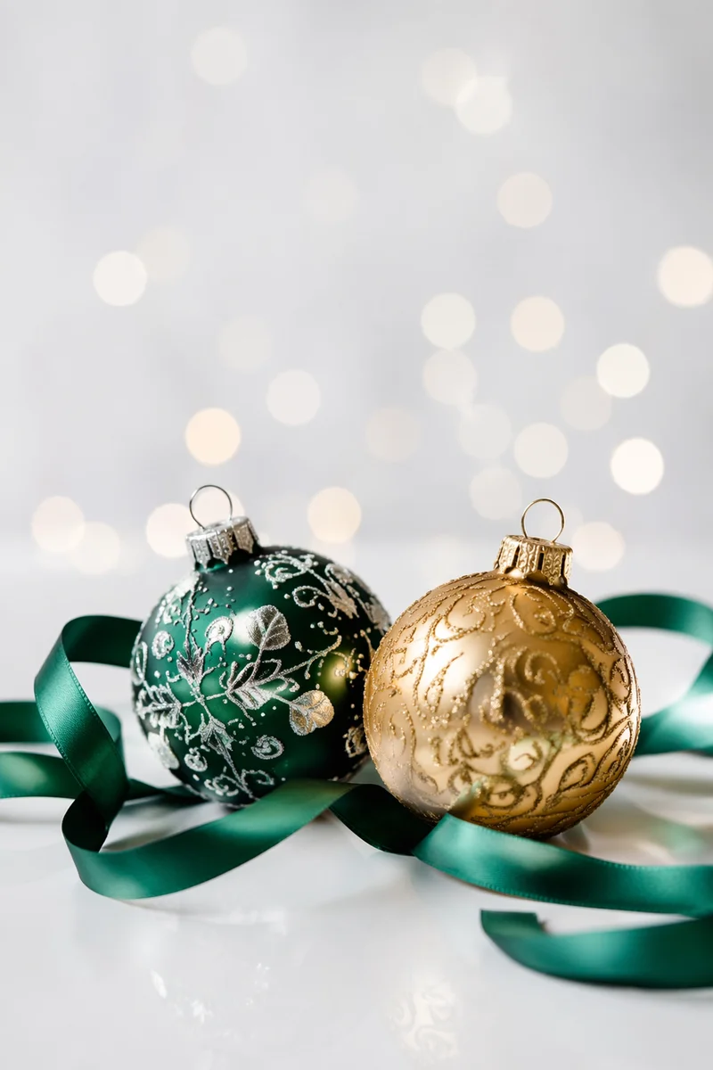 Elegant Holiday Ornaments With Green Ribbon