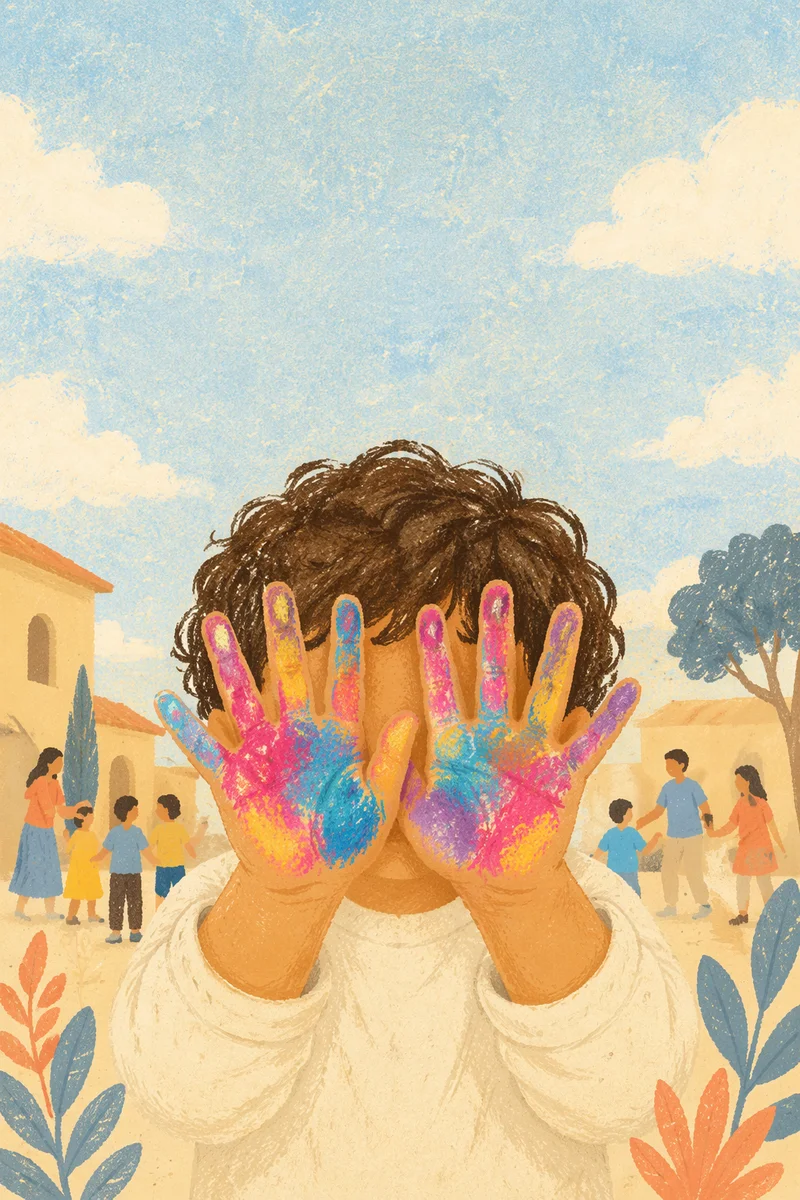 Child Hiding Face With Painted Hands