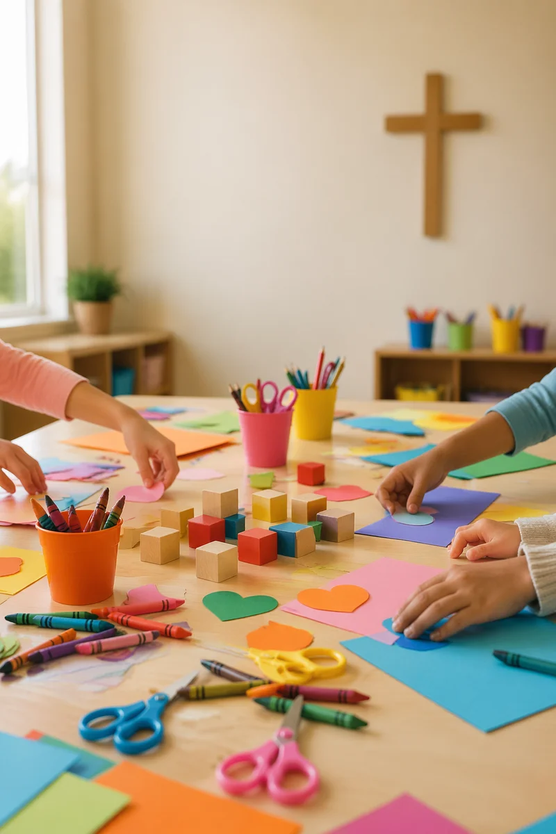 Colorful Kids Craft Table in Classroom
