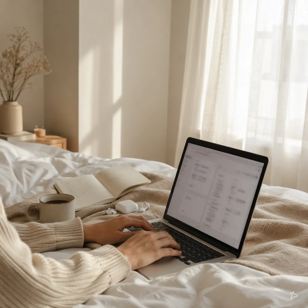 Cozy Laptop Workspace on White Bed