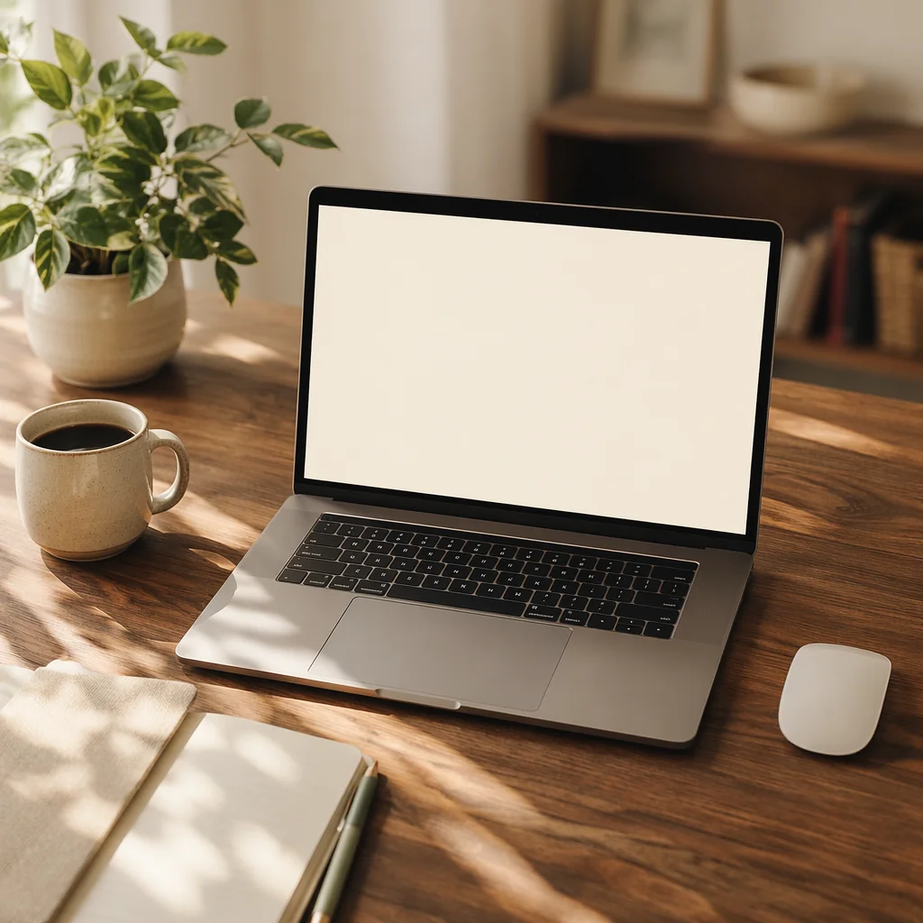 Laptop Screen Mockup on Wooden Desk