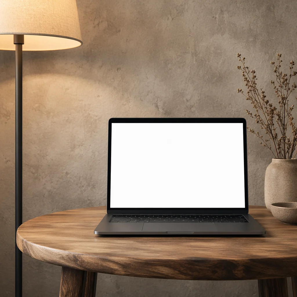 Blank Laptop Screen on Wooden Desk