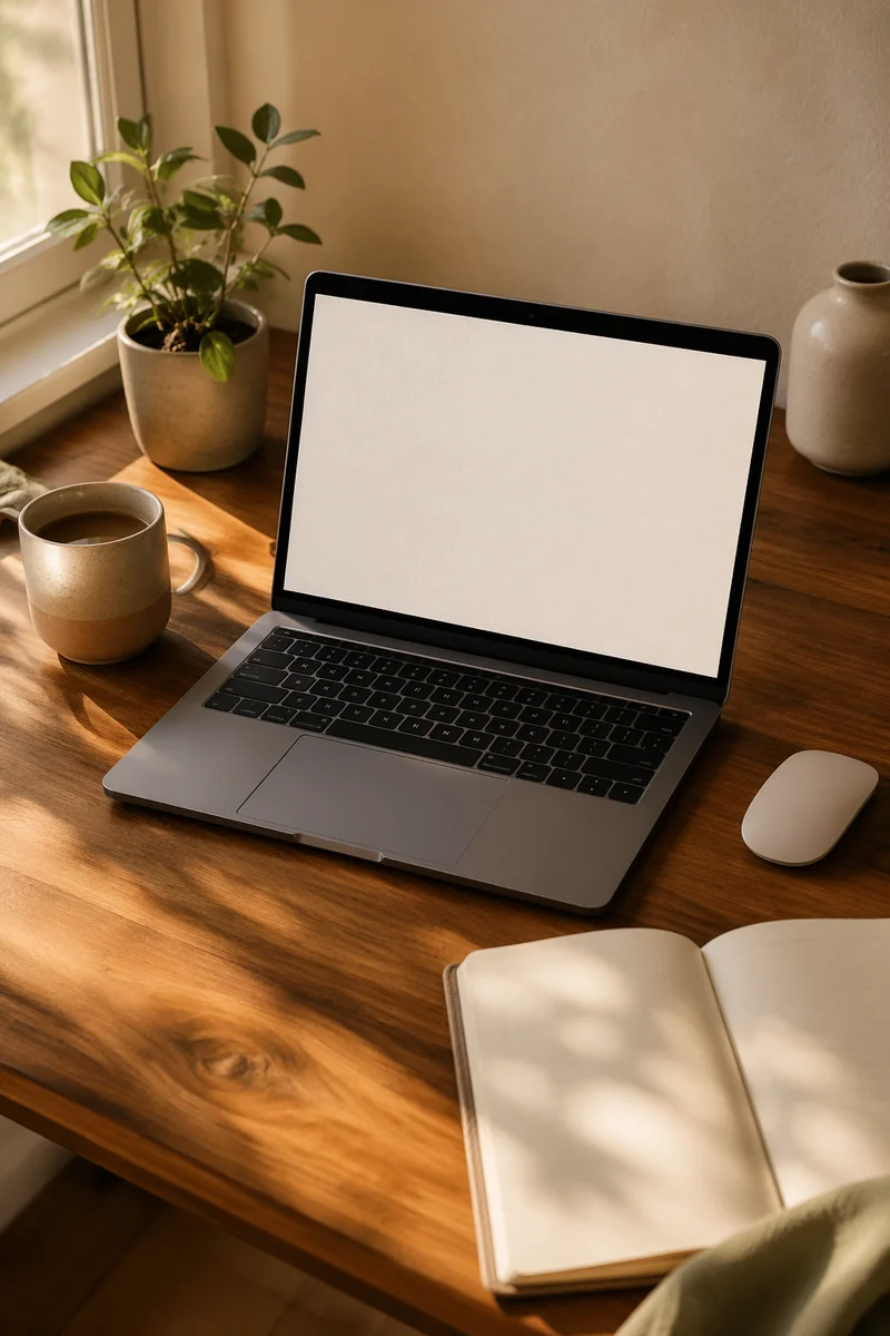 Blank Laptop Screen on Warm Wooden Desk