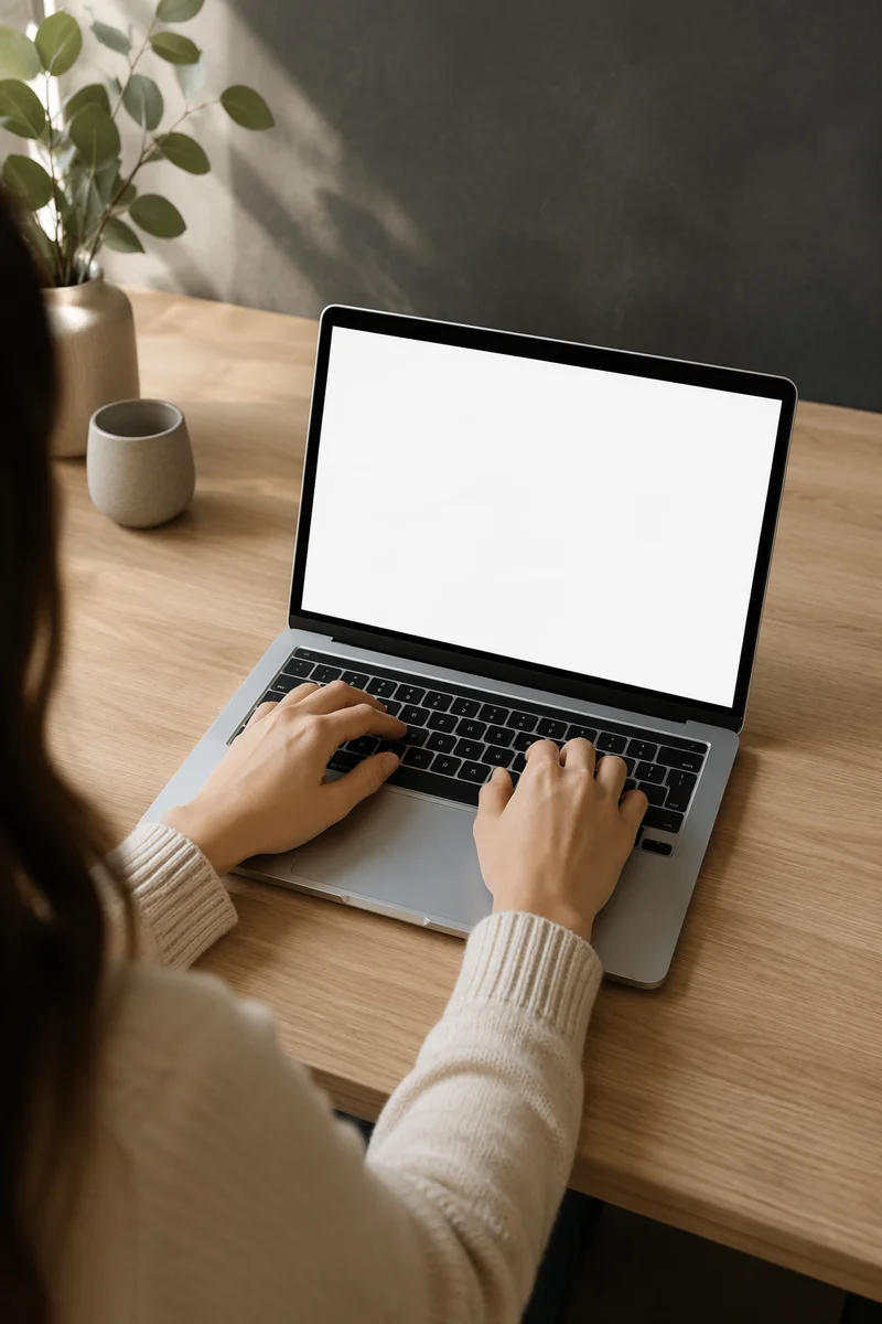 Blank Laptop Screen on Wooden Desk