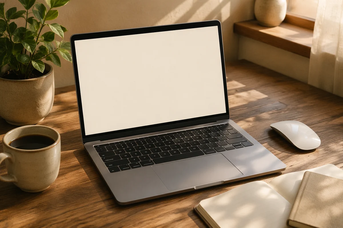 Laptop Screen Mockup on Warm Wooden Desk