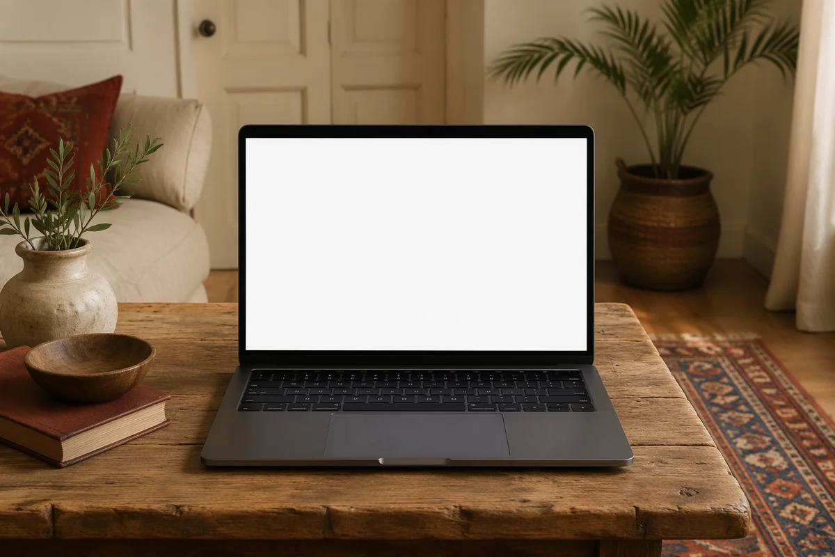 Laptop Screen Mockup on Rustic Wooden Desk