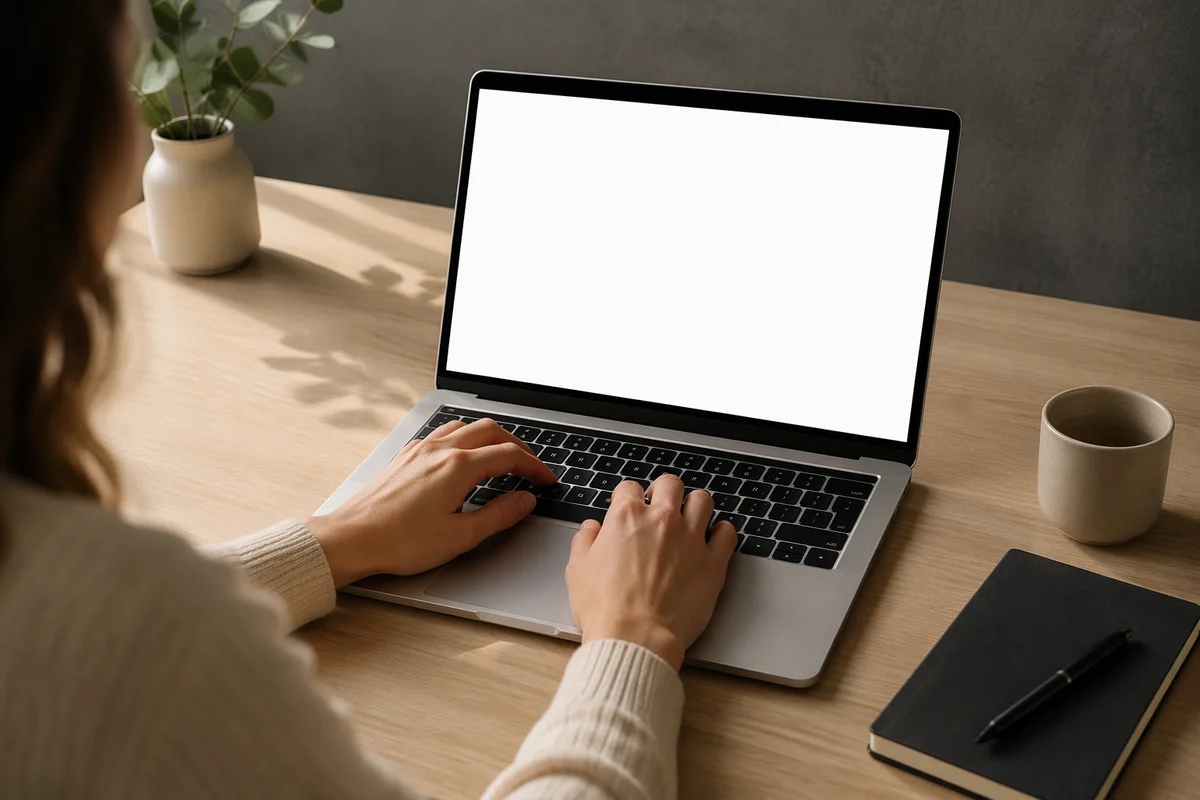 Blank Laptop Screen on Wooden Desk