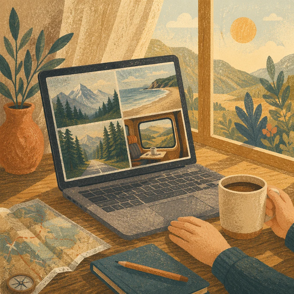 Laptop Displaying Wanderlust Travel Photo Collage