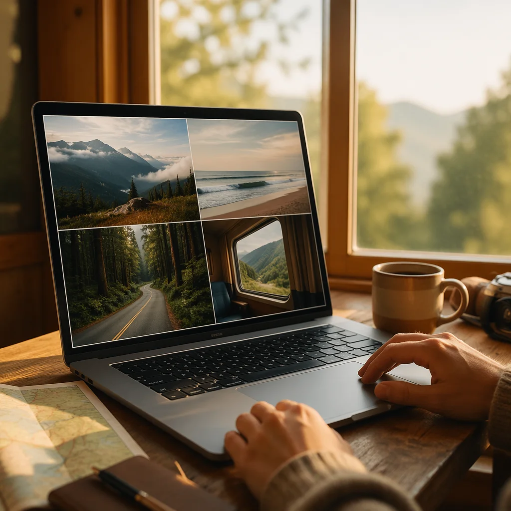 Laptop Displaying Wanderlust Travel Photo Collage