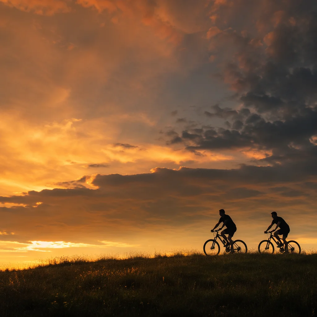Two Cyclists on Hill at Sunset