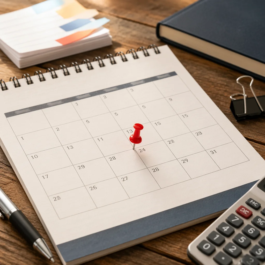 Pinned Monthly Calendar on Rustic Desk