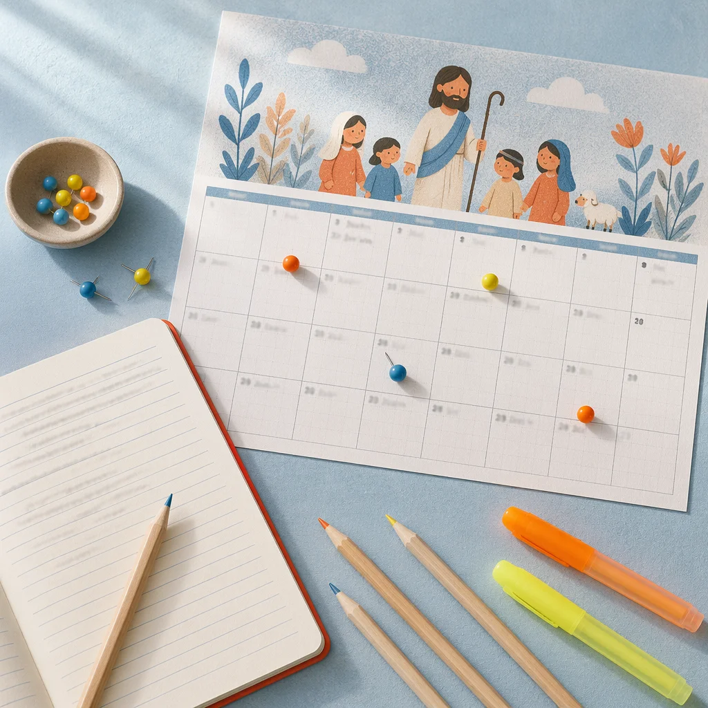 Pastel Calendar Flat Lay with Planning Pins