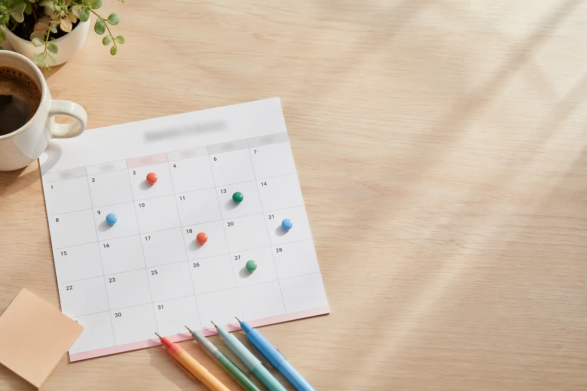 Monthly Calendar Flat Lay with Colorful Pins