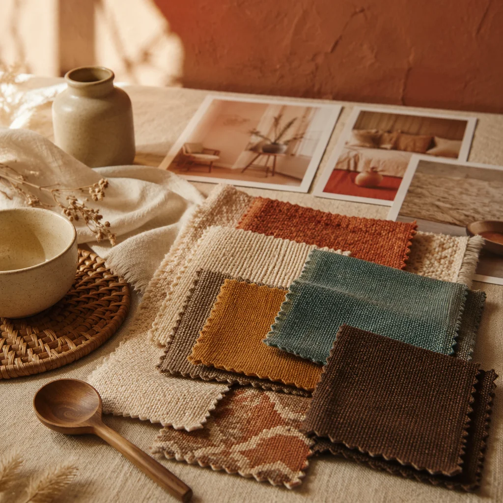 Earthy Fabric Swatch Moodboard on Table