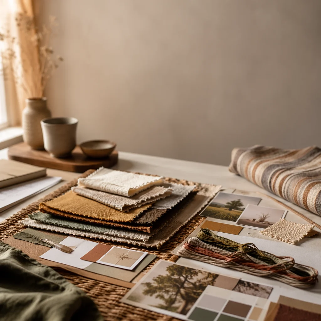 Warm Neutral Fabric Moodboard Tabletop