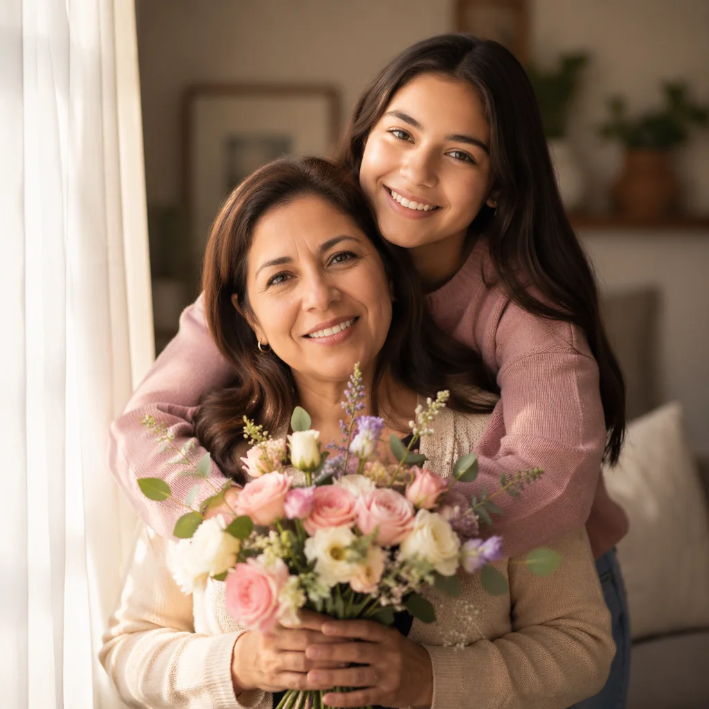 Mother and Daughter with Flower Bouquet