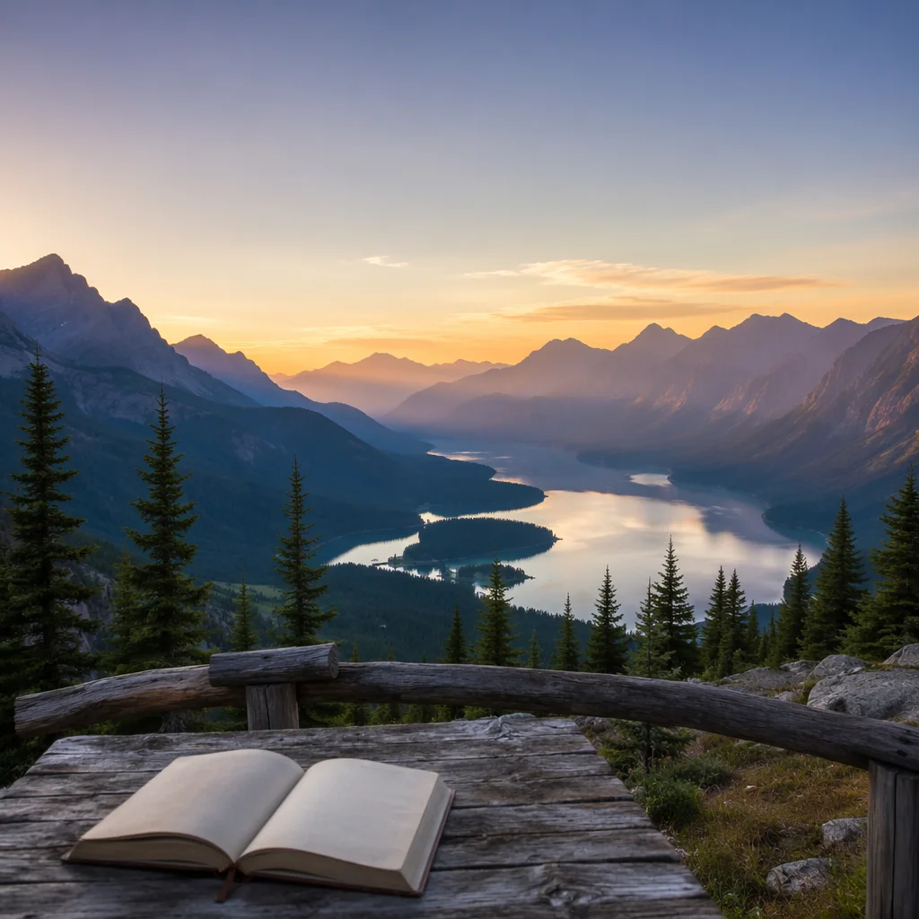 Panoramic Mountain Lake at Sunrise Overlook