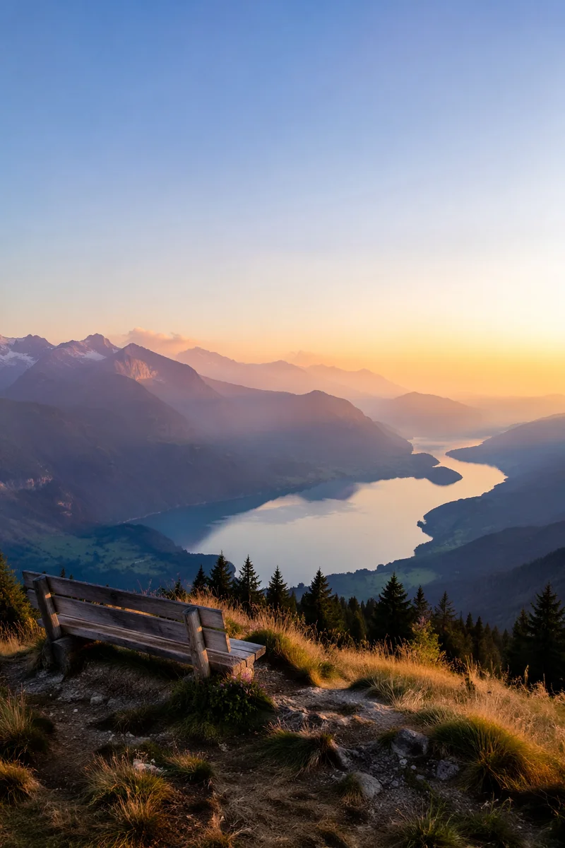 Sunrise Mountain Lake with Wooden Bench