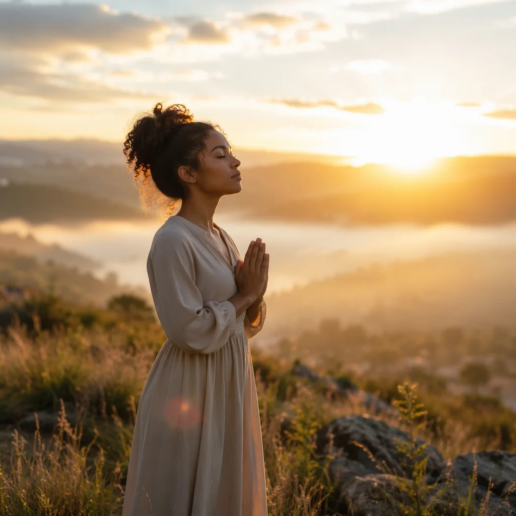 Woman Praying on Hilltop at Sunrise