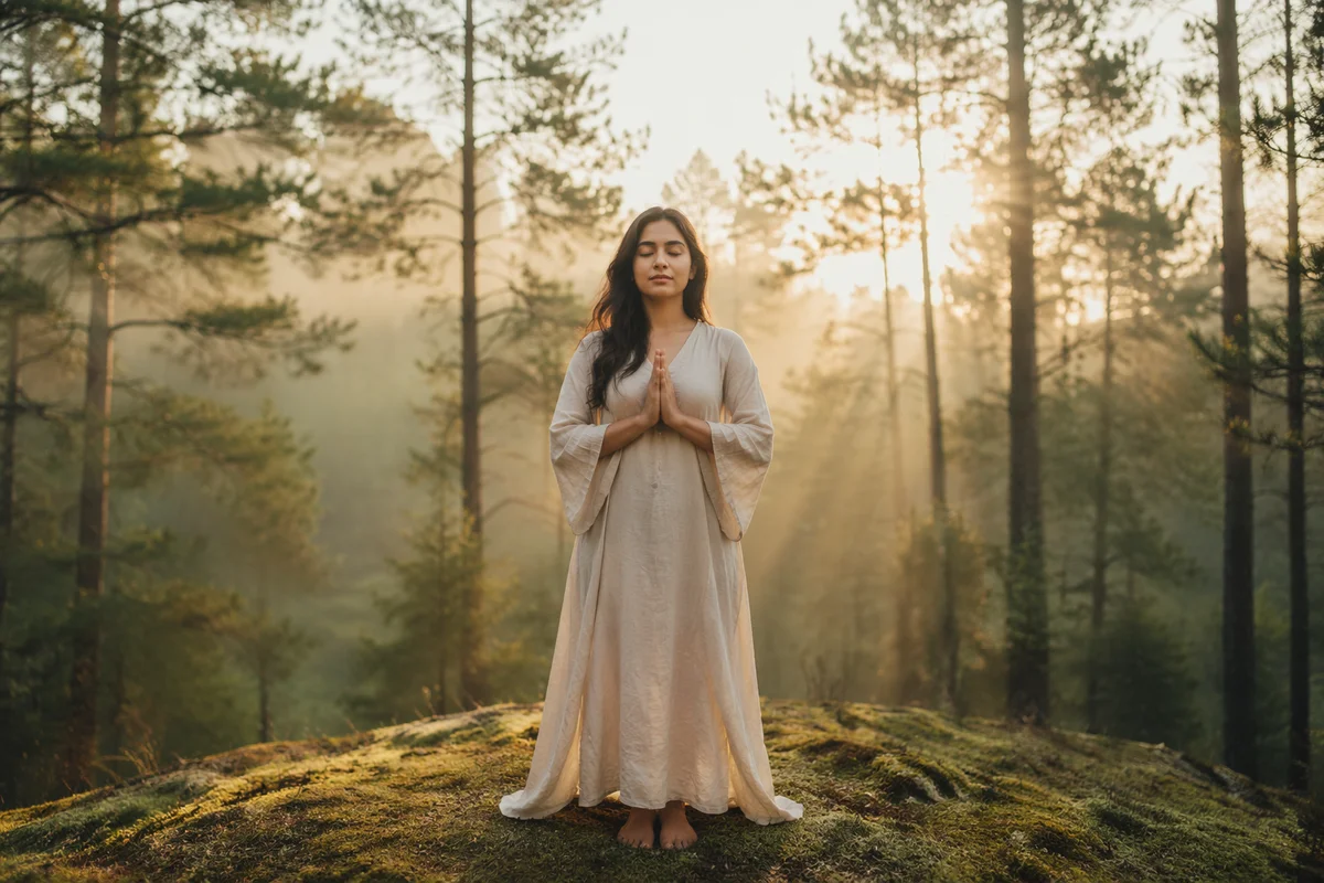 Woman Praying in Misty Forest Sunrise
