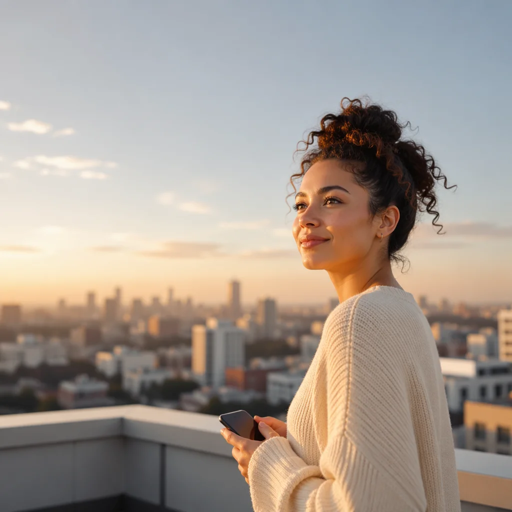 Young Woman on Rooftop at Sunrise