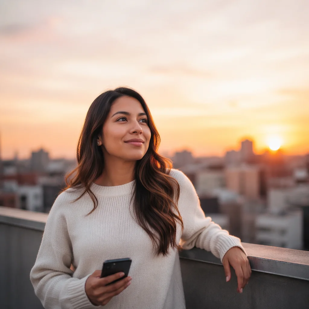 Young Woman on Rooftop at Sunrise