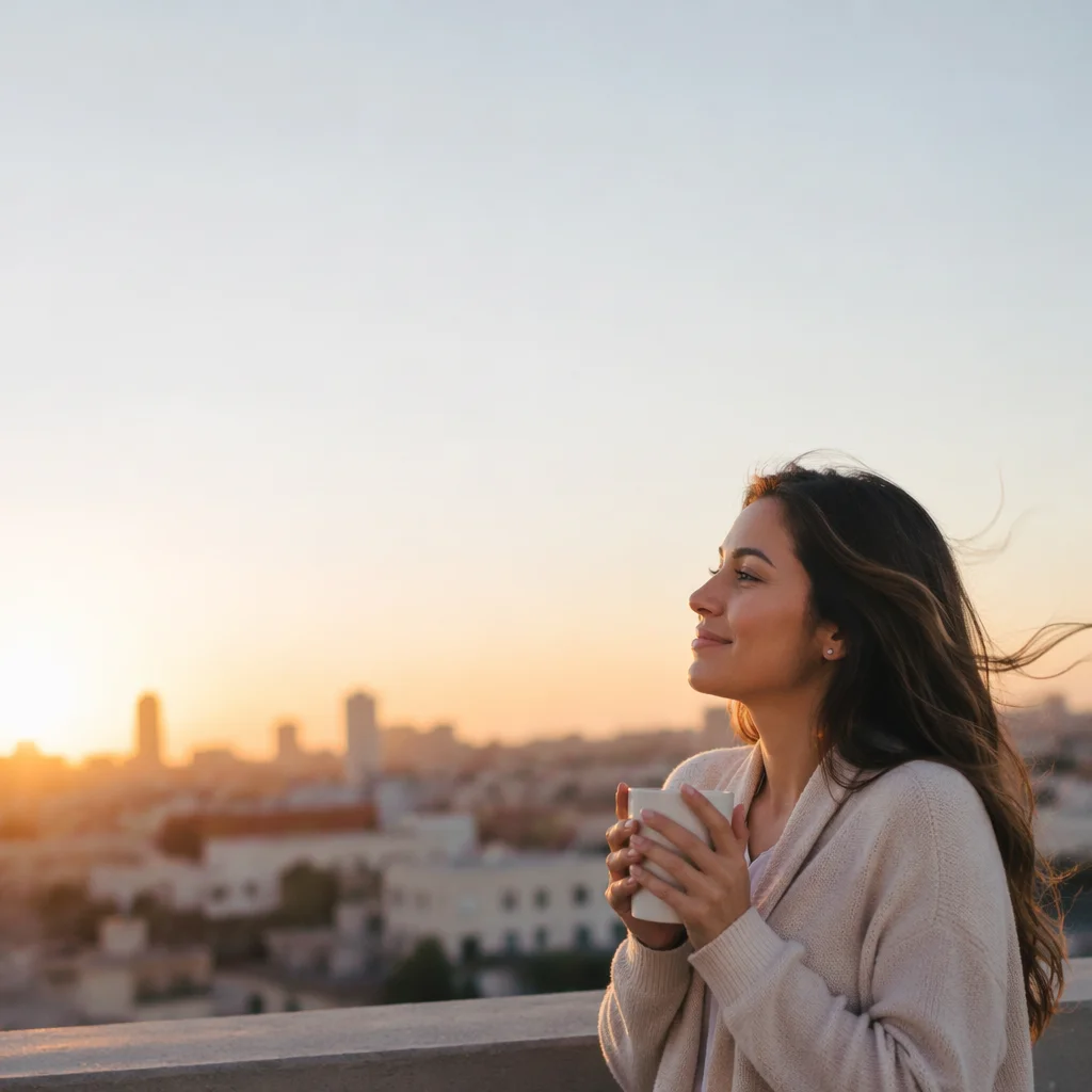 Young Woman on Rooftop at Sunrise
